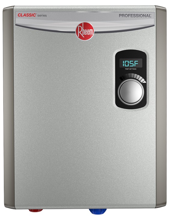 Rheem Residential Tankless
Electric Water Heater 240
Volt, 18 kW, 75 amps,
Recommended Breaker Size:
(2X40)A, Wire Size: 8 AWG,
Min. Flow Rate: .3 GPM, Max
Flow Rate: 7 GPM 