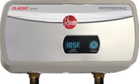Rheem Residential Tankless
Electric Water Heater 120
Volt, 3.5 kW, 29 amps,
Recommended Breaker Size:
(1x30)A, Wire Size: 10 AWG,
Min. Flow Rate: .3 GPM, Max
Flow Rate: 4.8 GPM 