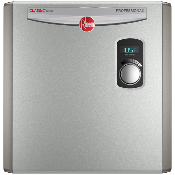 Rheem Residential Tankless
Electric Water Heater 240
Volt, 27 kW, 112 amps,
Recommended Breaker Size:
(3X40)A, Wire Size: 8 AWG,
Min. Flow Rate: .3 GPM, Max
Flow Rate: 7 GPM 